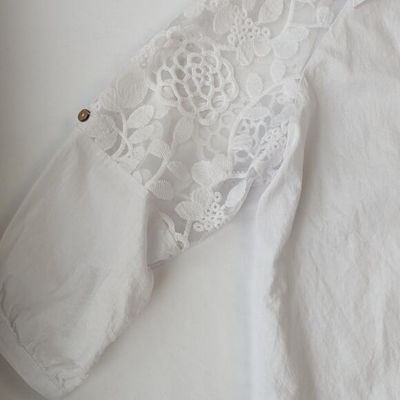 Floral Crochet Mesh Sleeve Cotton Button Down - Picture 3 of 10